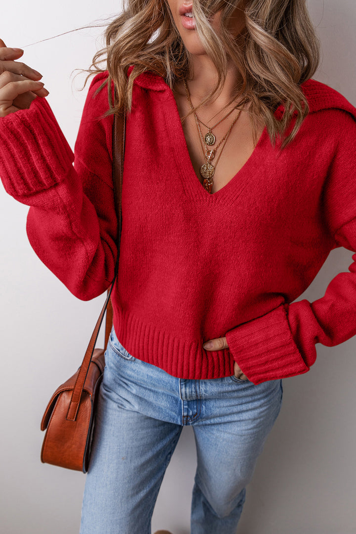 Collared V Neck Ribbed Edge Sexy Elegant Sweater