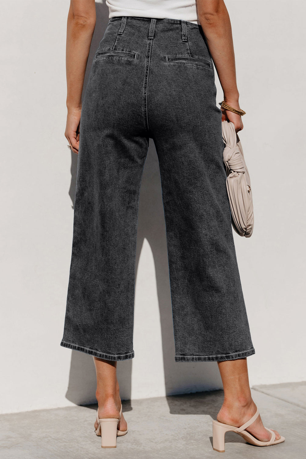 Gray High Waist Button Front Wide Leg Cropped Jeans