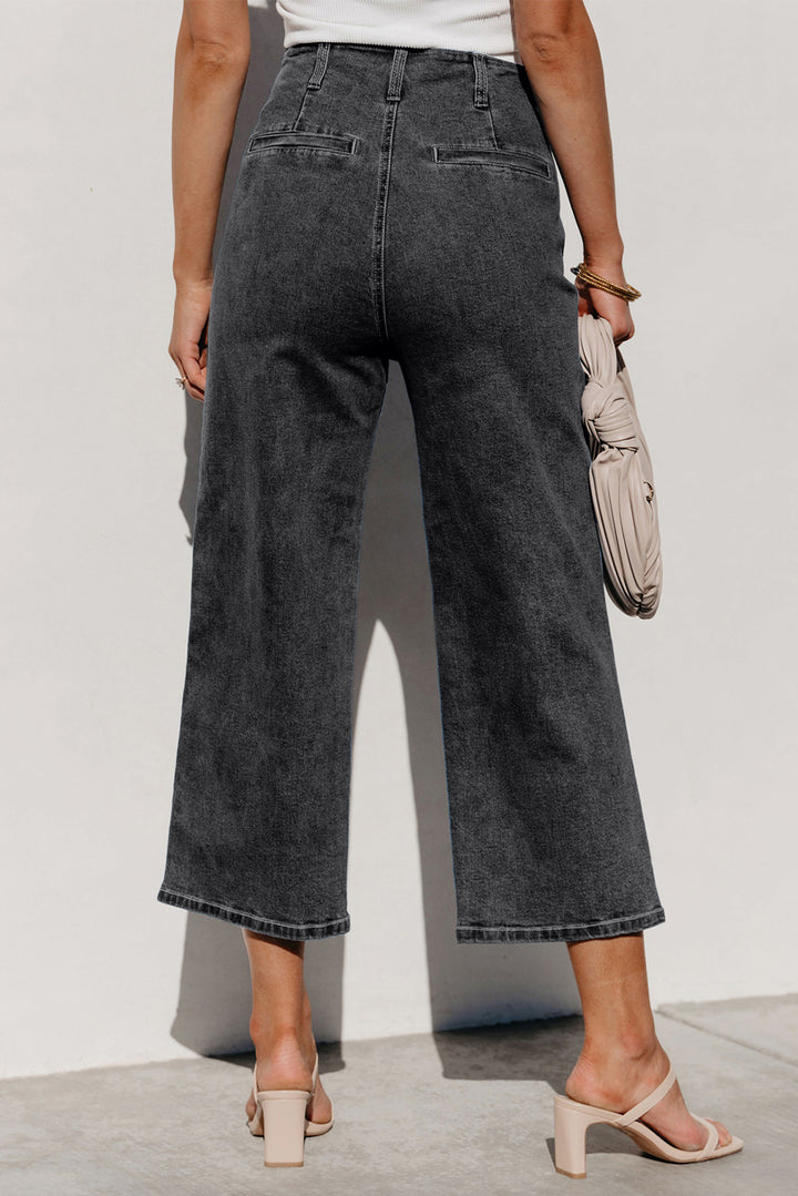 Gray High Waist Button Front Wide Leg Cropped Jeans