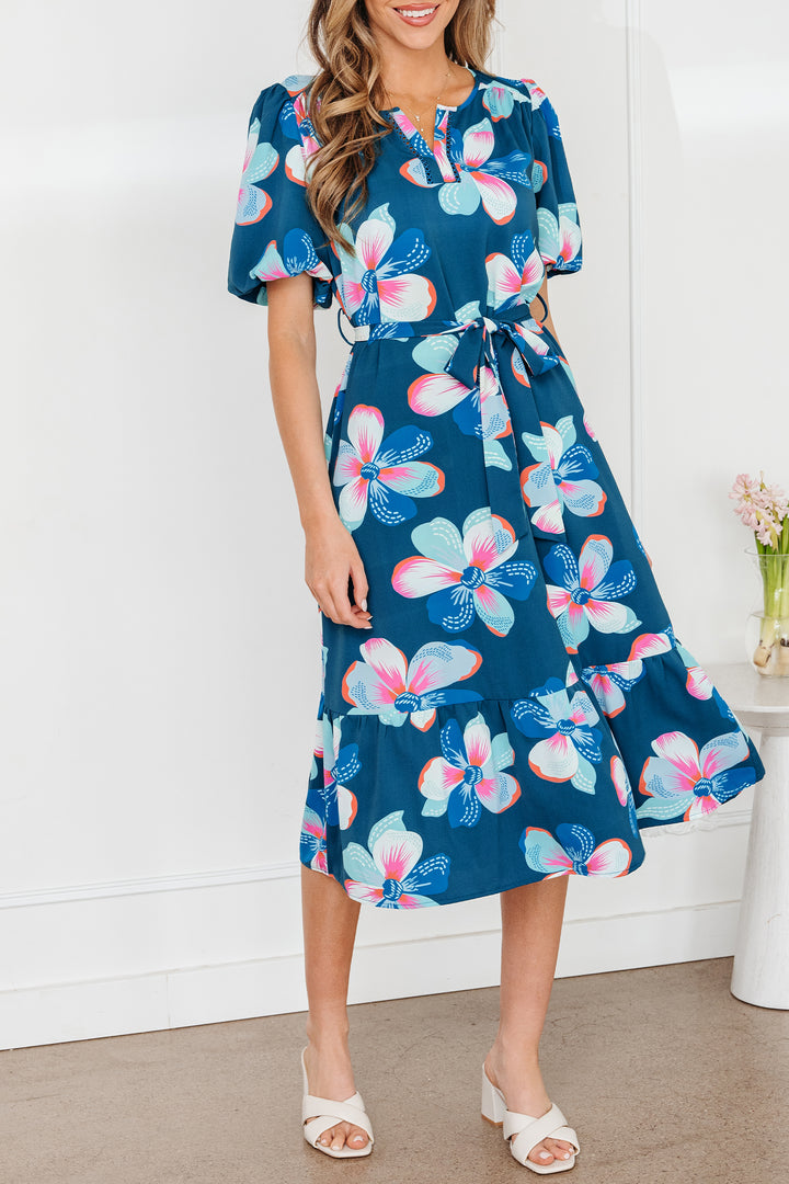 Floral Print Short Puff Sleeve Ruffle Hem Belted Long Dress