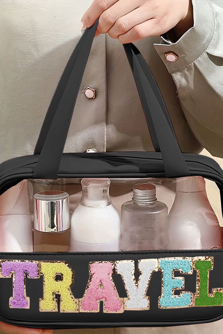 Trousse de maquillage TRAVEL en PVC transparent avec lettres en chenille