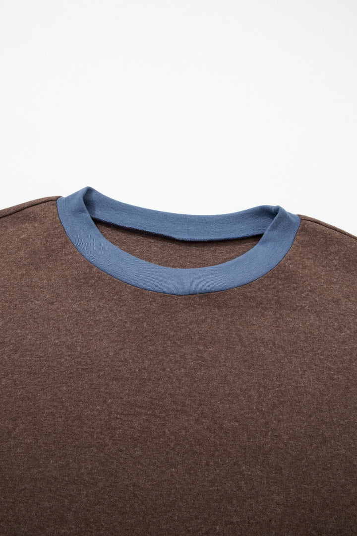 Dark Brown Long Sleeve Round Neck Patchwork Plus Size Set