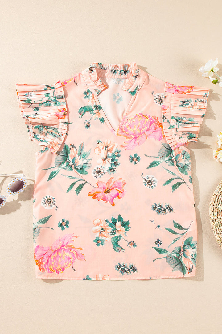 floral print frilled v neck pleated sleeve blouse