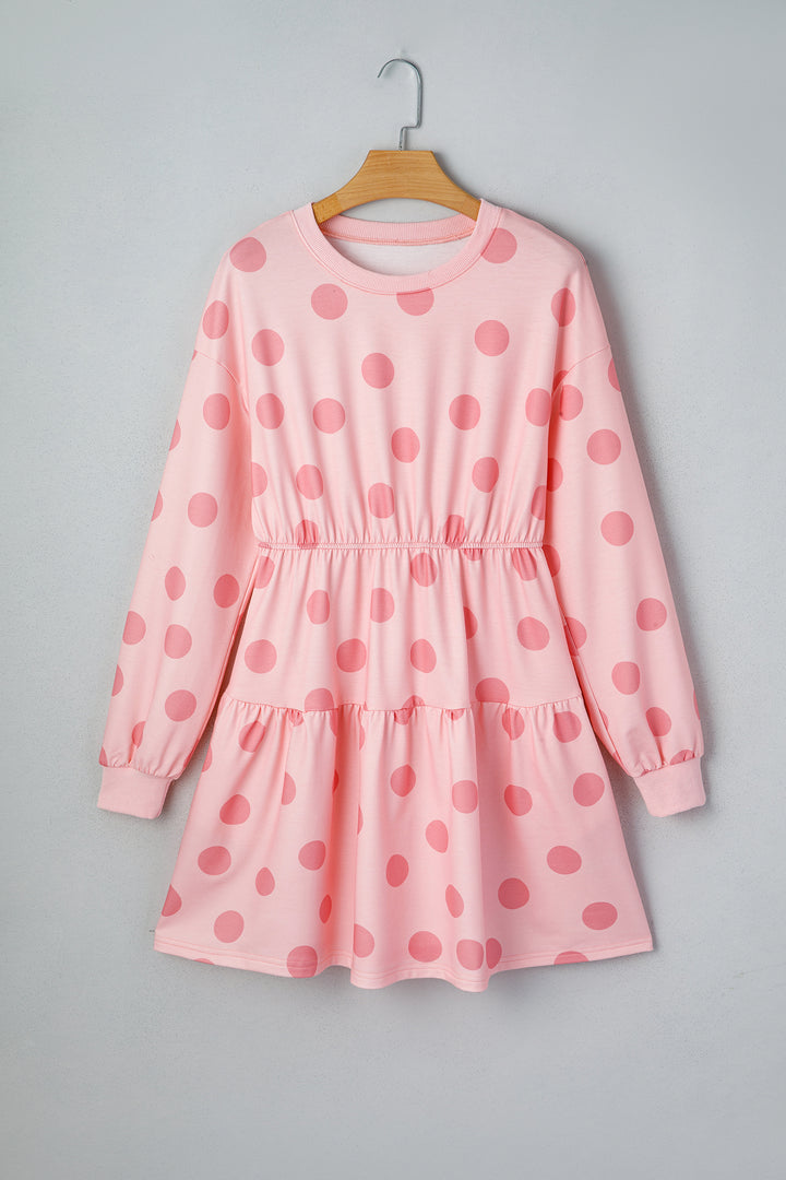 Polka Dot Printed Long Sleeve Flared Mini Dress