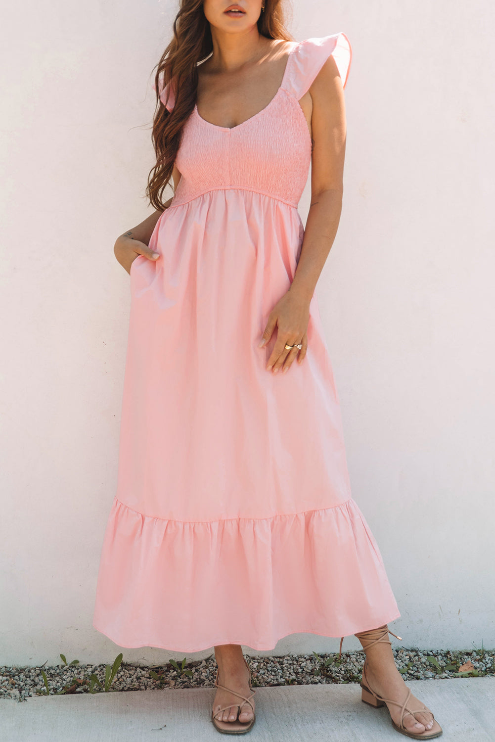 pink v neck flutter sleeve smocked bodice high waist ruffle maxi dress