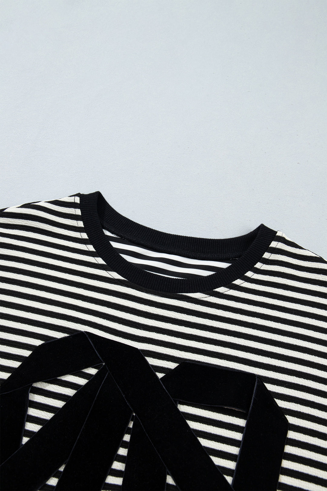 Black Stripe Velvet Bow Pattern Dropped Shoulder Loose Sweatshirt