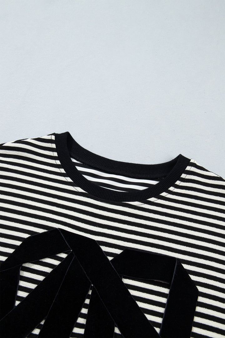 Black Stripe Velvet Bow Pattern Dropped Shoulder Loose Sweatshirt