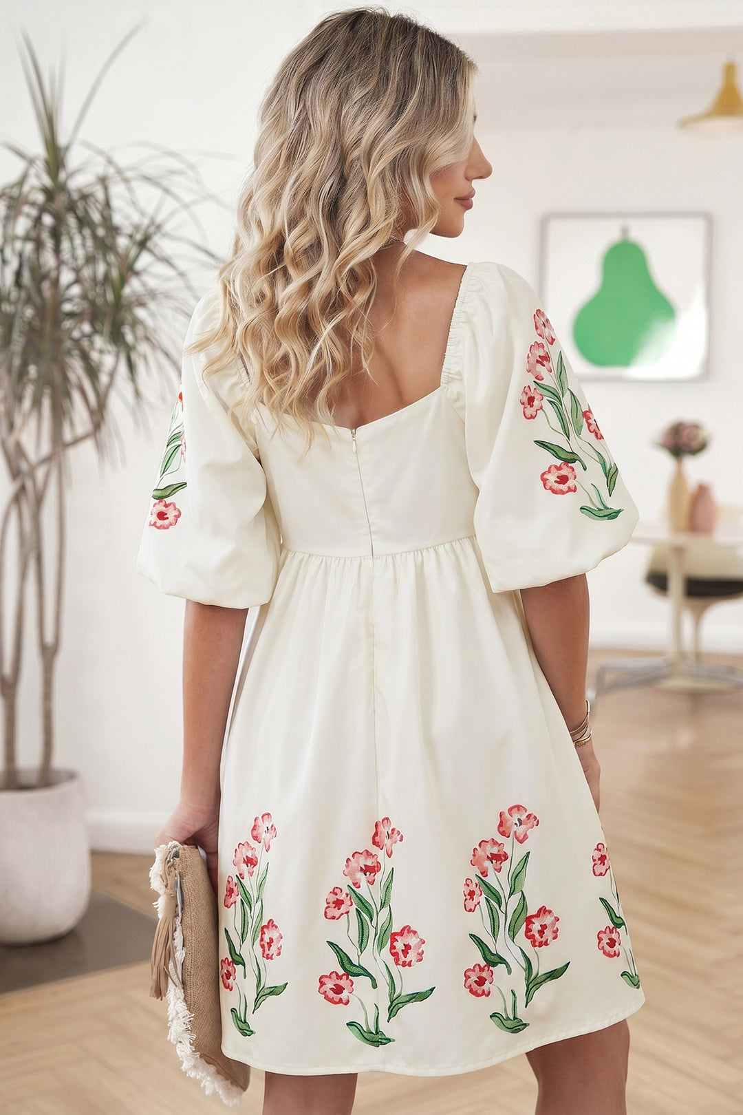 Cute Beige Floral Print Puff Sleeve Babydoll Dress