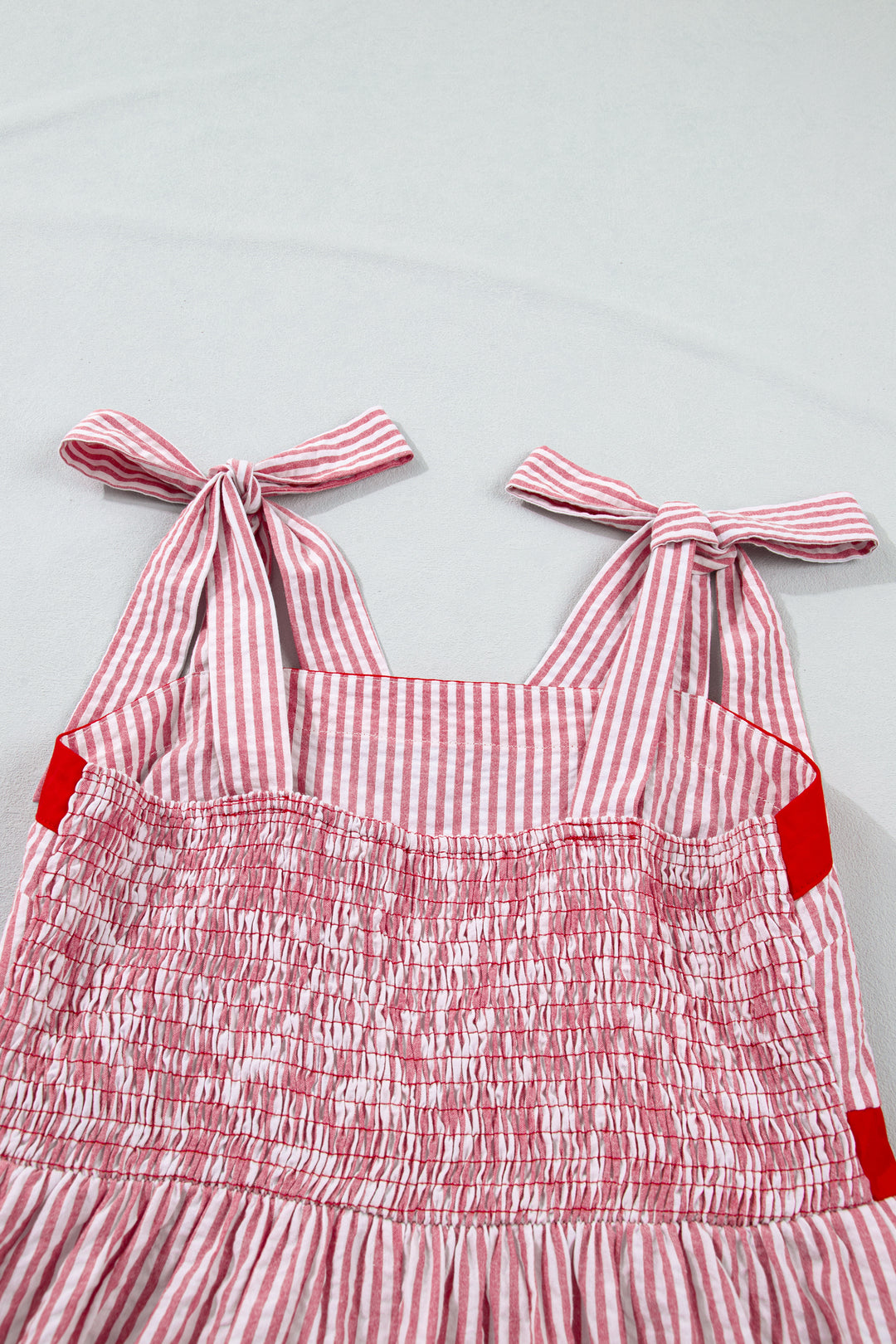 Red Stripe Bow Knot Straps Contrast Trim High Waist Ruffle Hem Maxi Dress