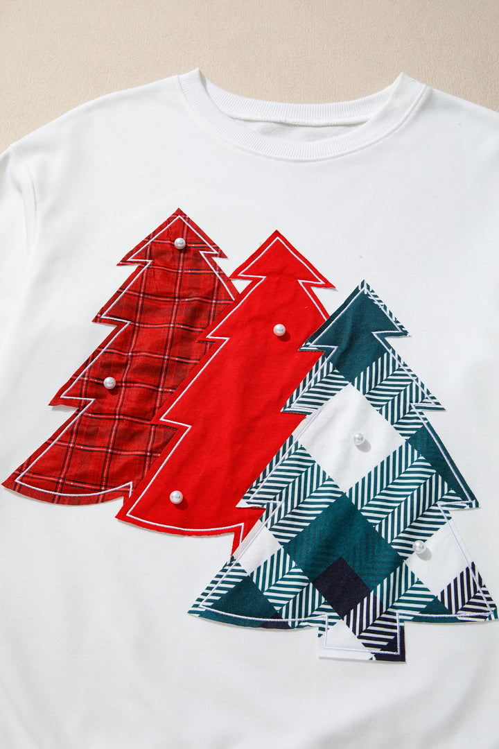 Pearl Plaid Christmas Tree Patched Drop Shoulder Sweatshirt