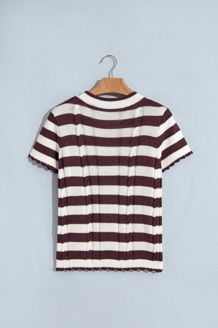 Brown Stripe Ribbed Knit Cable Detail Short Sleeve Sweater