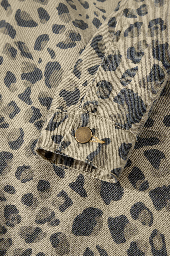 Khaki Retro Leopard Print Seam Detail Button Down Denim Jacket