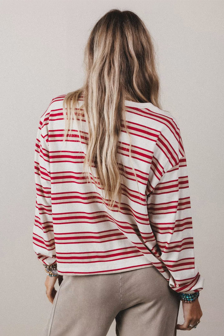 Red Stripe Dropped Shoulder Long Sleeve Casual Pullover Top