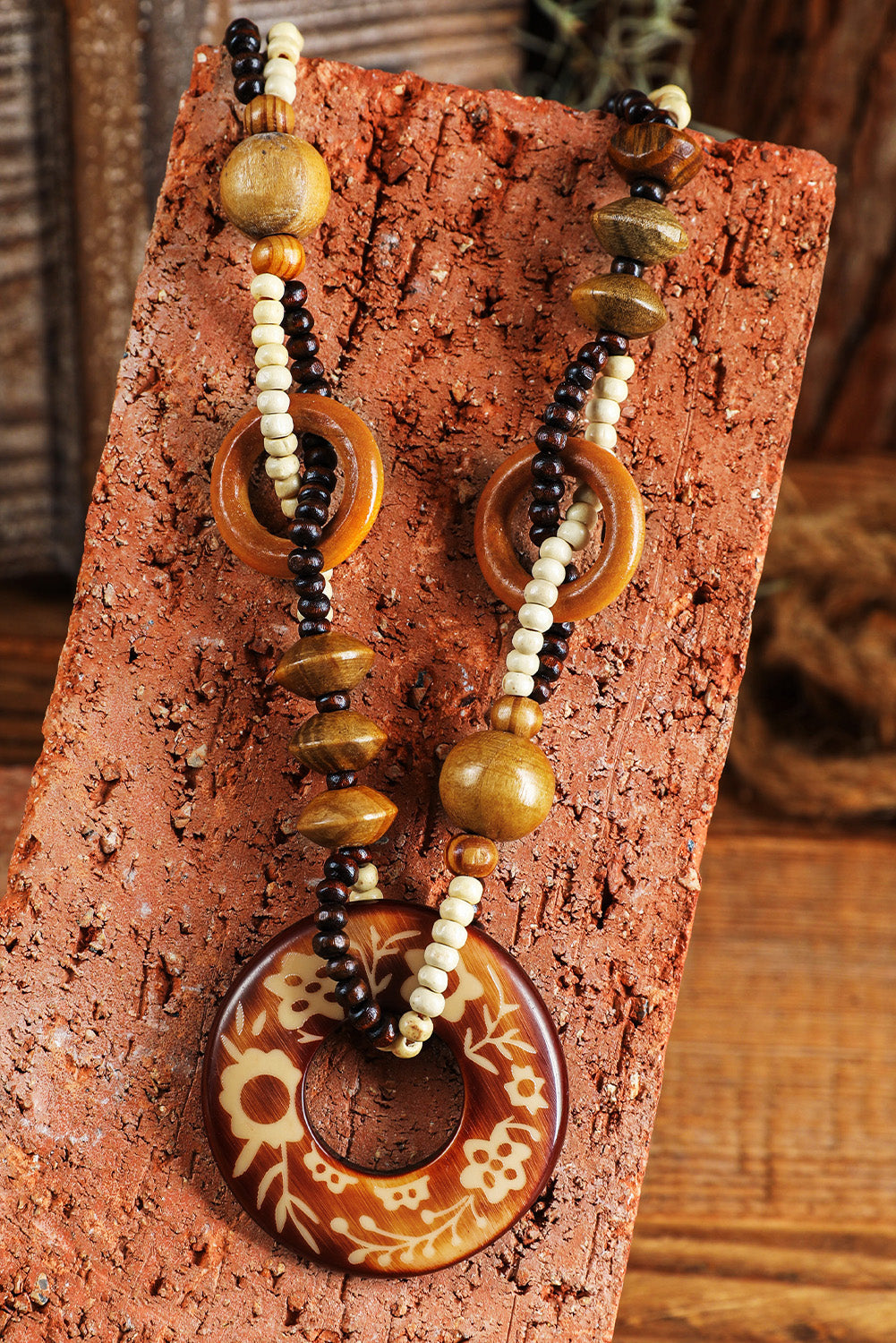 Vintage Beaded Wooden Pendant Necklace