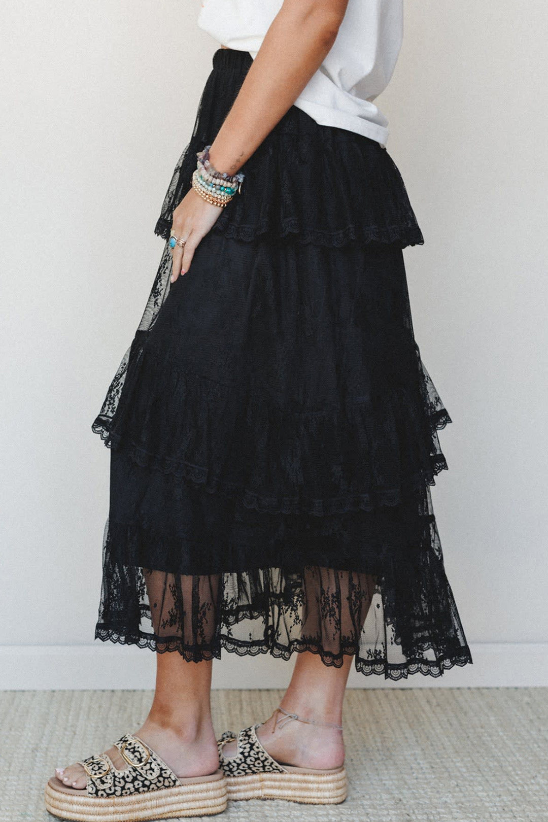 Chic Black Elegant Ruffle Lace Tiered Skirt