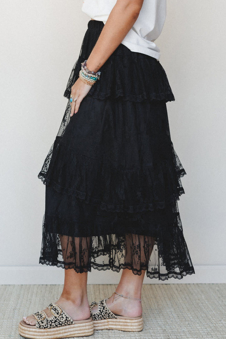 Chic Black Elegant Ruffle Lace Tiered Skirt