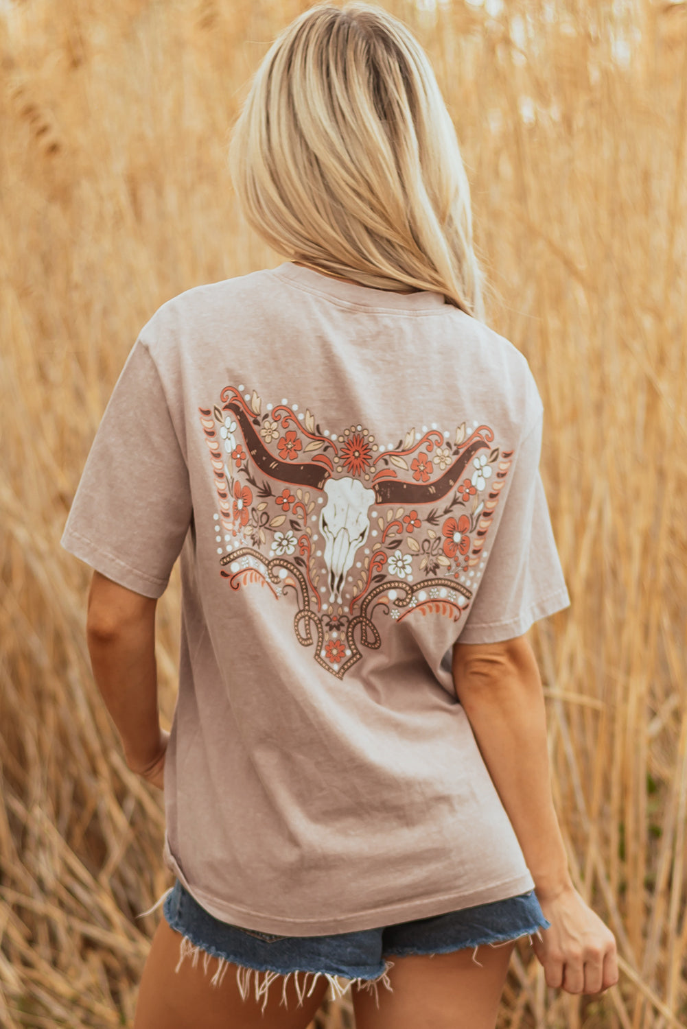 Mineral Wash Floral Steer Head Printed Back Western Fashion Tee