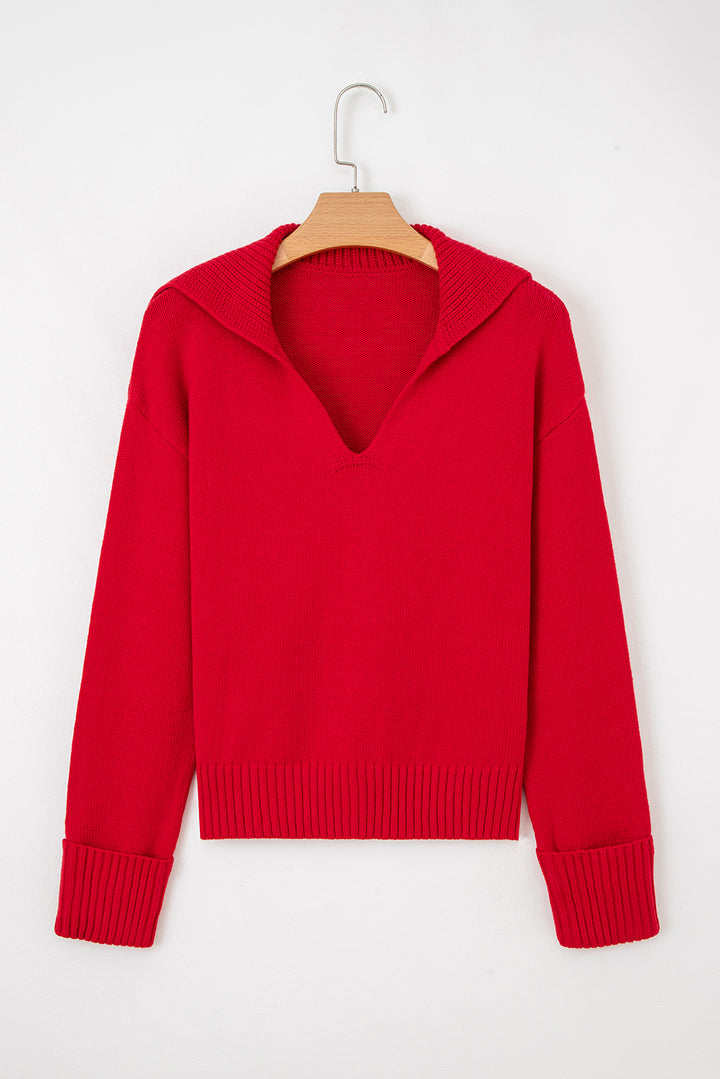 Collared V Neck Ribbed Edge Sexy Elegant Sweater