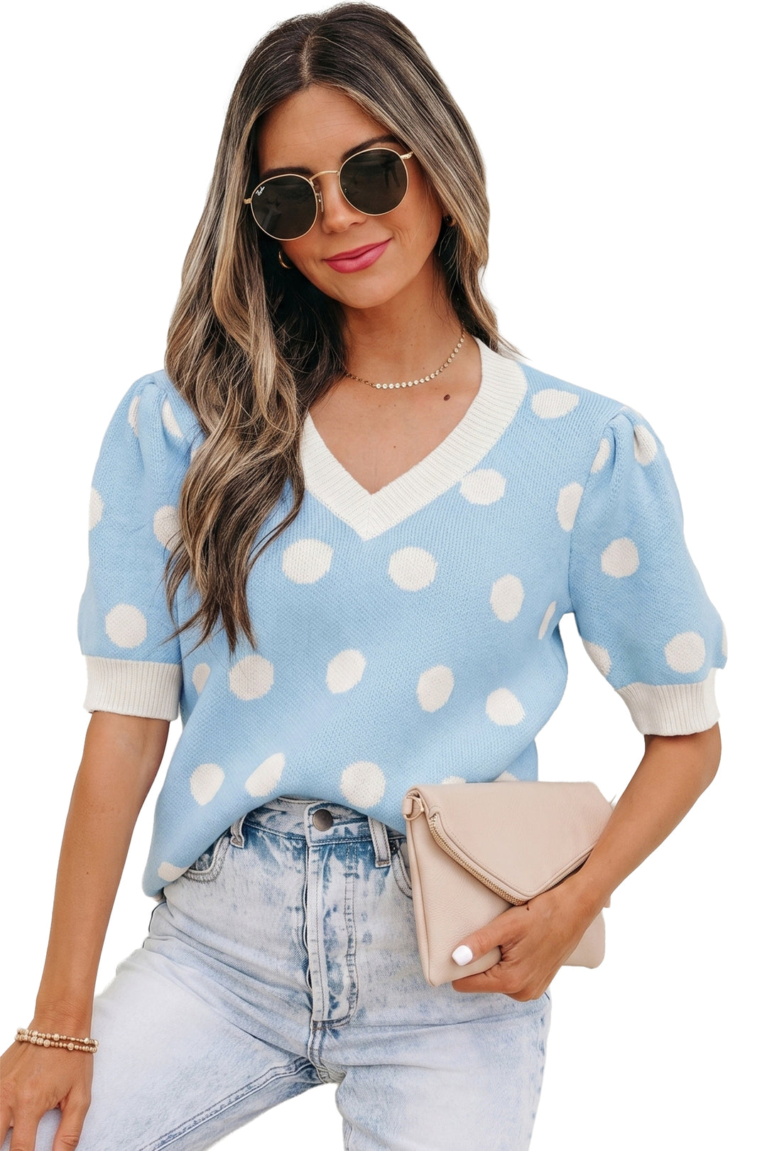 Light Blue Polka Dot Puff Short Sleeve Sweater Top