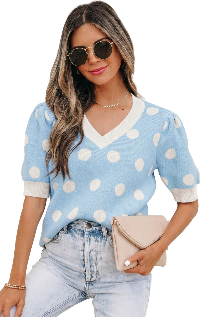 Light Blue Polka Dot Puff Short Sleeve Sweater Top