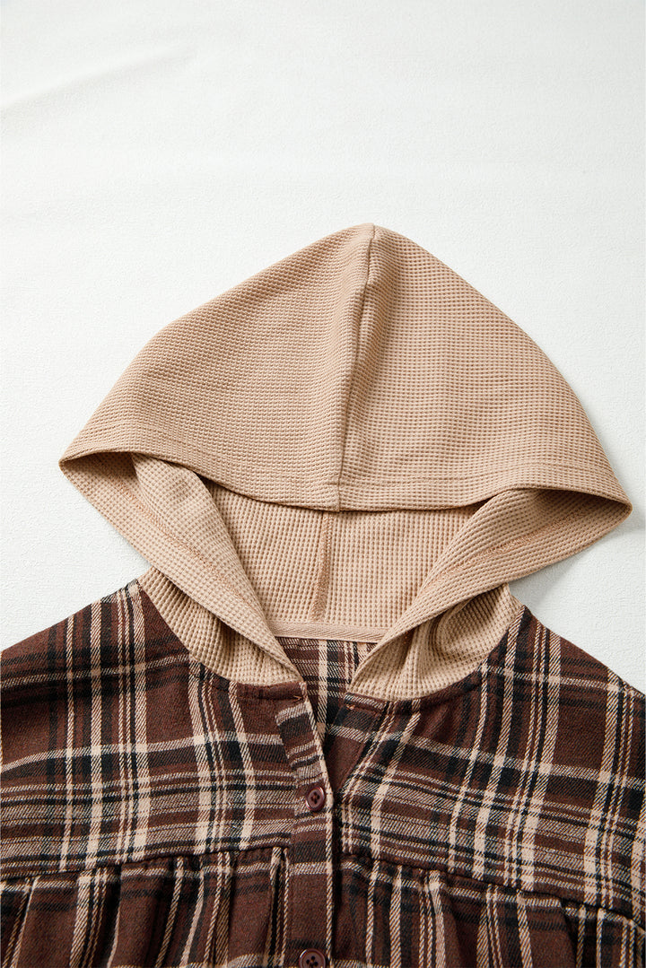 Plaid Patchwork Long Sleeve Button Hooded Blouse