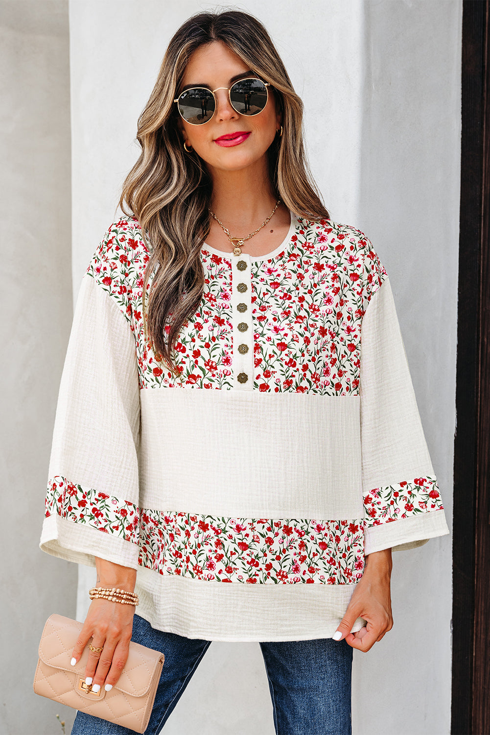 Floral Print Gauze Patchwork Henley Button 3/4 Sleeve Blouse