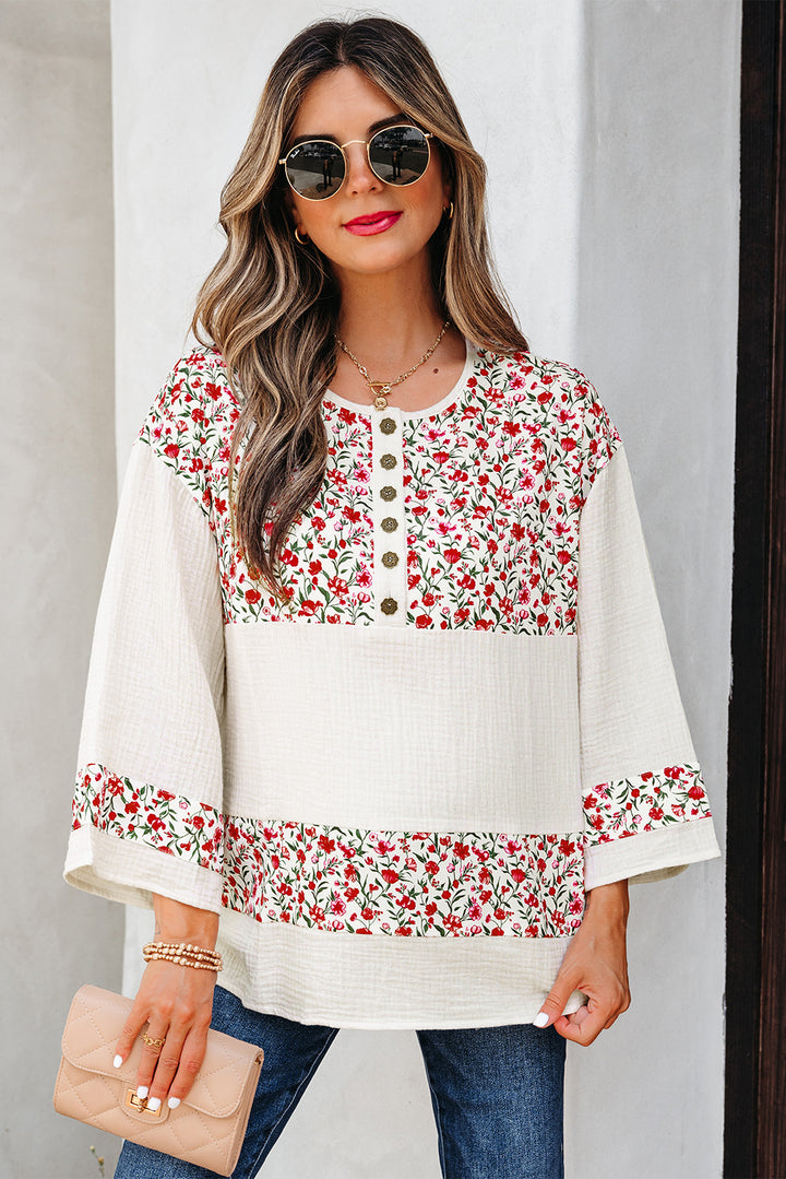Floral Print Gauze Patchwork Henley Button 3/4 Sleeve Blouse