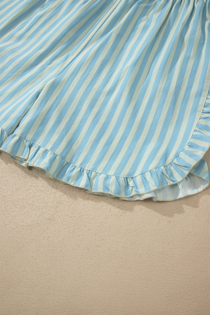 Sky Blue Stripe Elastic Waist Ruffle Trim Casual Shorts