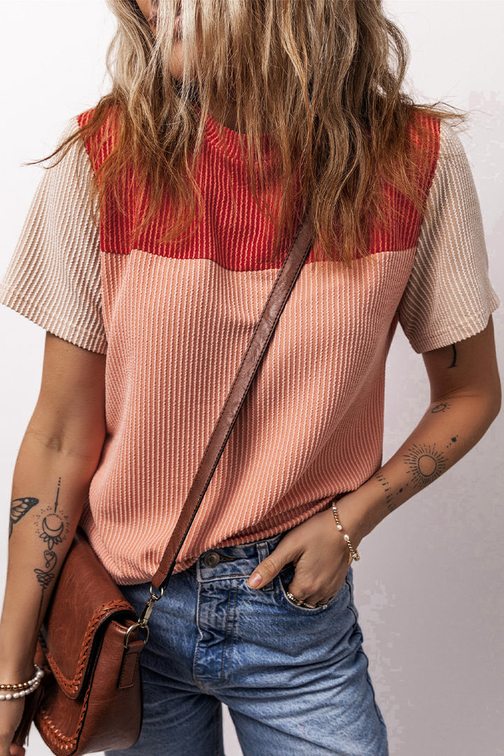 Red Rib Textured Colorblock T Shirt