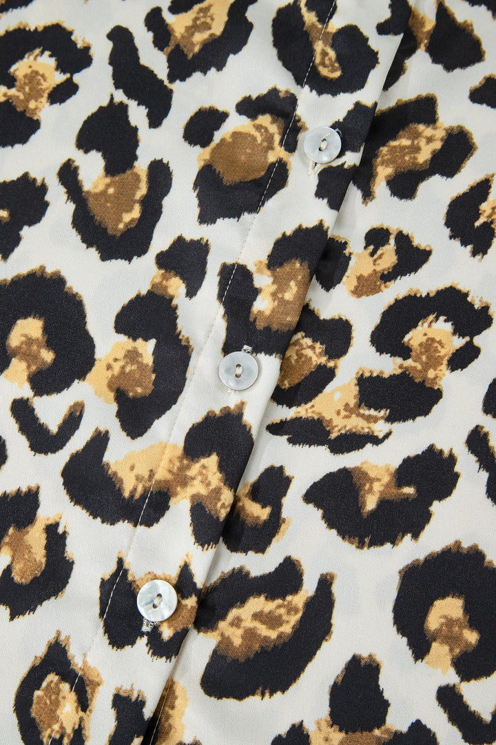 Leopard Print Ruffle Trim 3/4 Sleeve Loose Shirt