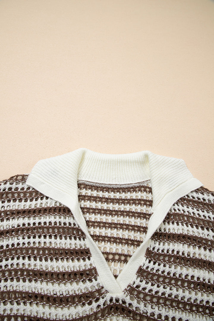 Eyelet Hollow-out Contrast Collared Pullover Chic Sweater