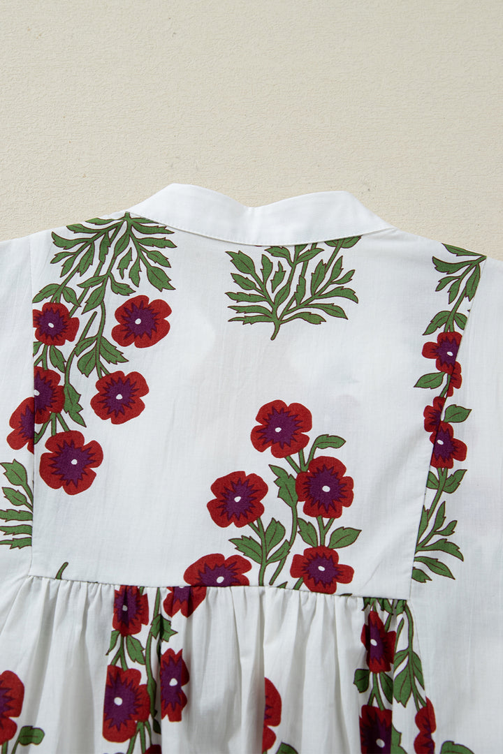 Frilled V Neck 3/4 Sleeve Loose Floral Dress