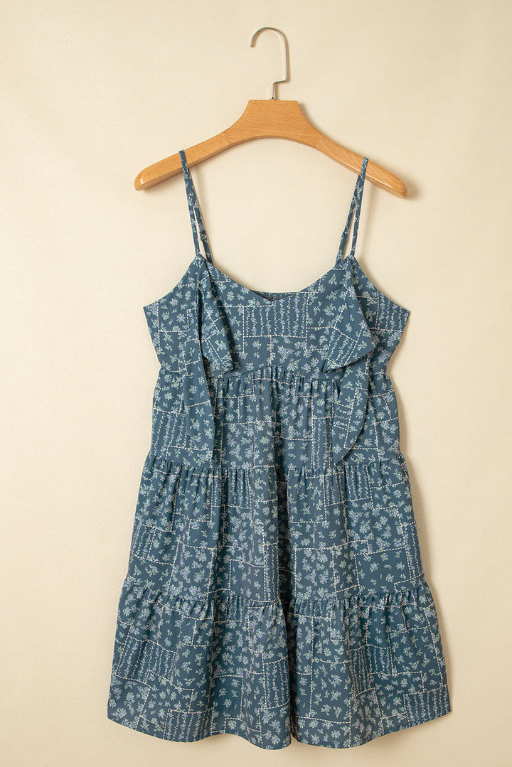 spaghetti straps floral print knot detail high waist flared dress