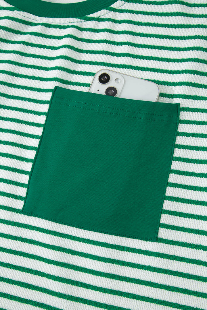 Green Stripe Crew Neck Tee Drawstring Waist Cropped Pants Set