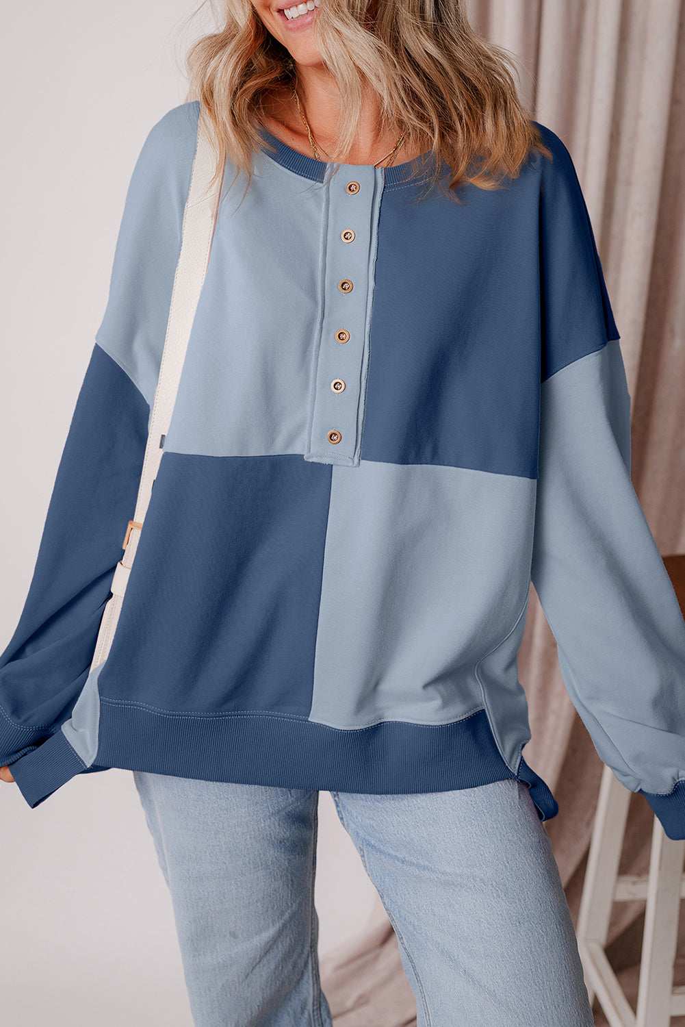 Colorblock Henley High Low Oversize Sweatshirt