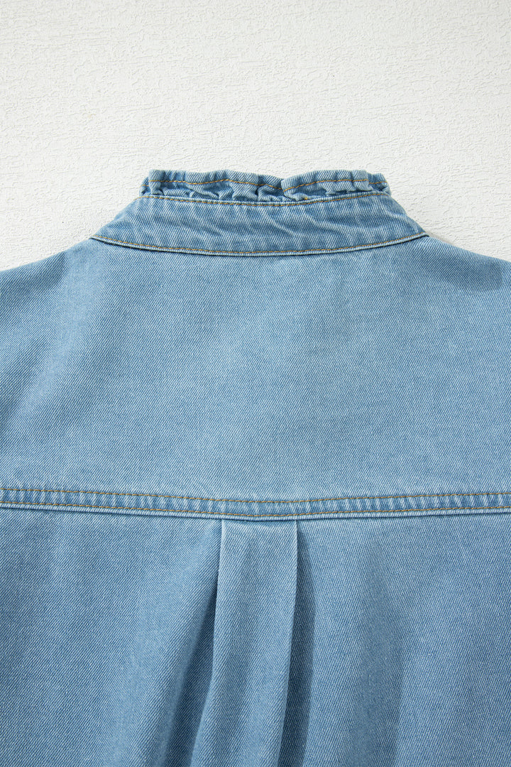 Frilled Detail Button Down Ruffle Short Sleeve Denim Mini Dress