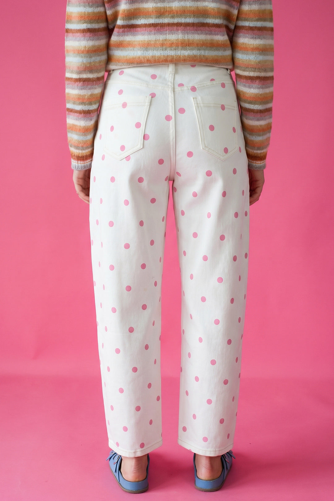 Pink Tailored Seam Polka Dot Print Barrel Casual Jeans