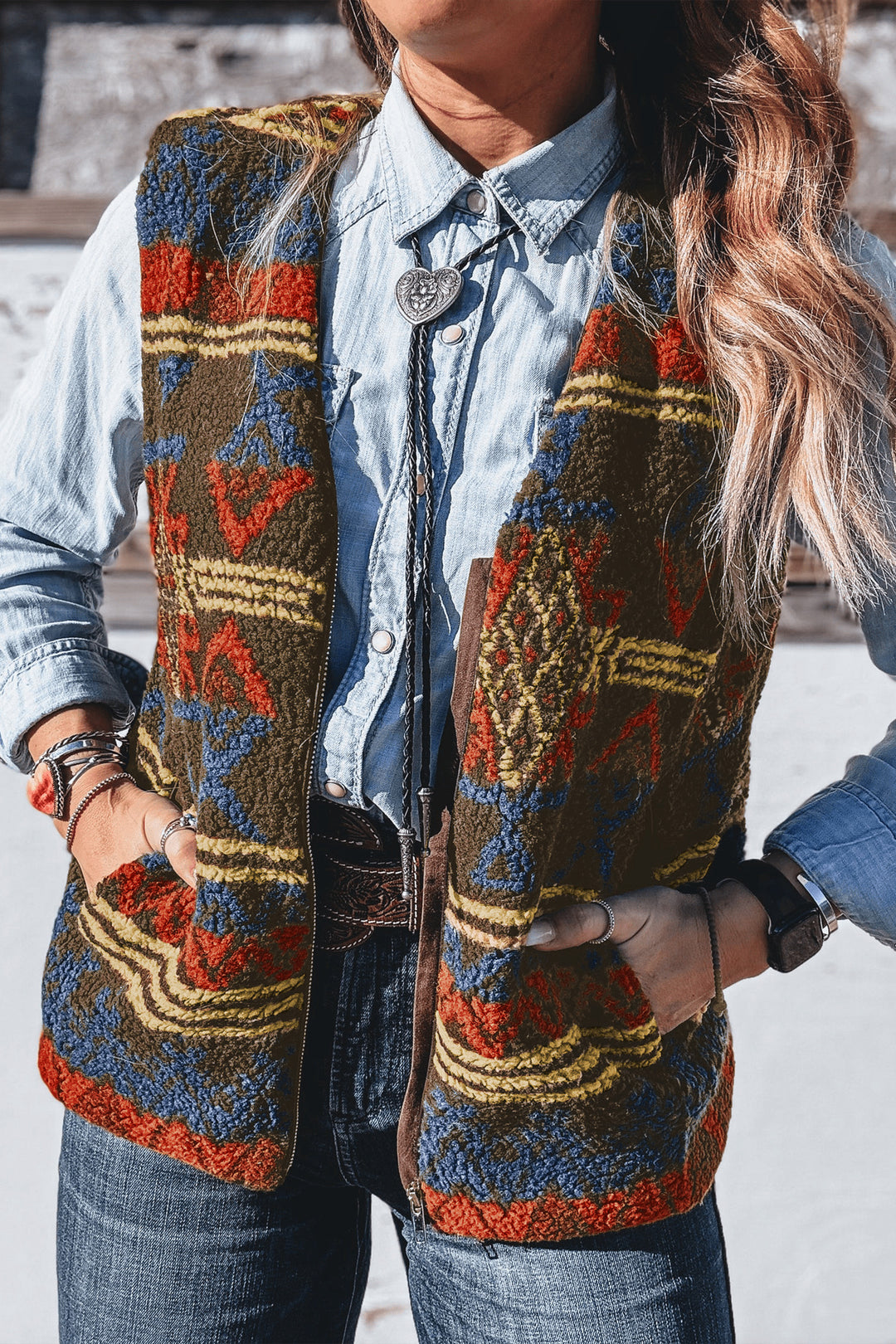 Multicolour Western Print Faux Fur Metal Zipper Insert Pockets Vest