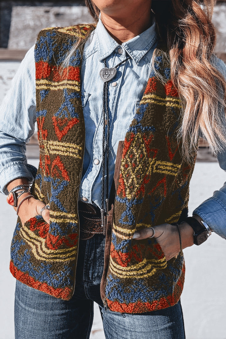 Multicolour Western Print Faux Fur Metal Zipper Insert Pockets Vest