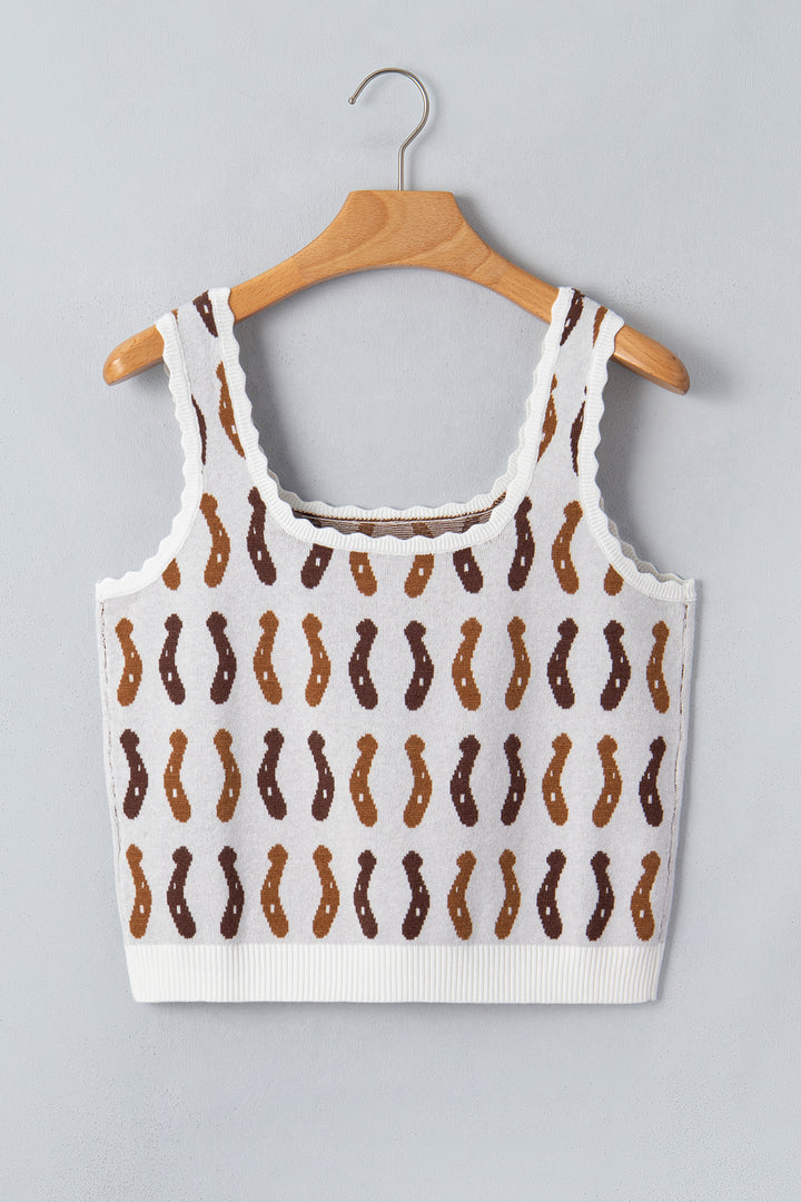 White Western Leopard/ Horseshoe Printed Scalloped Trim Square Neck Sweater Vest