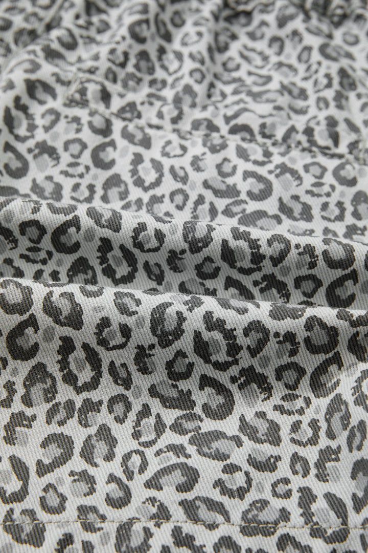 Gray Leopard Print Wrap Front Denim Shorts