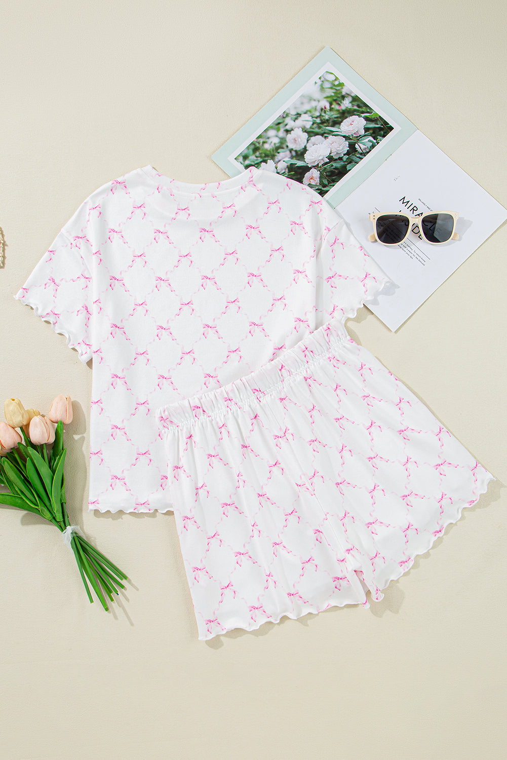 bow knot geometric print lettuce trim two piece lounge set 1