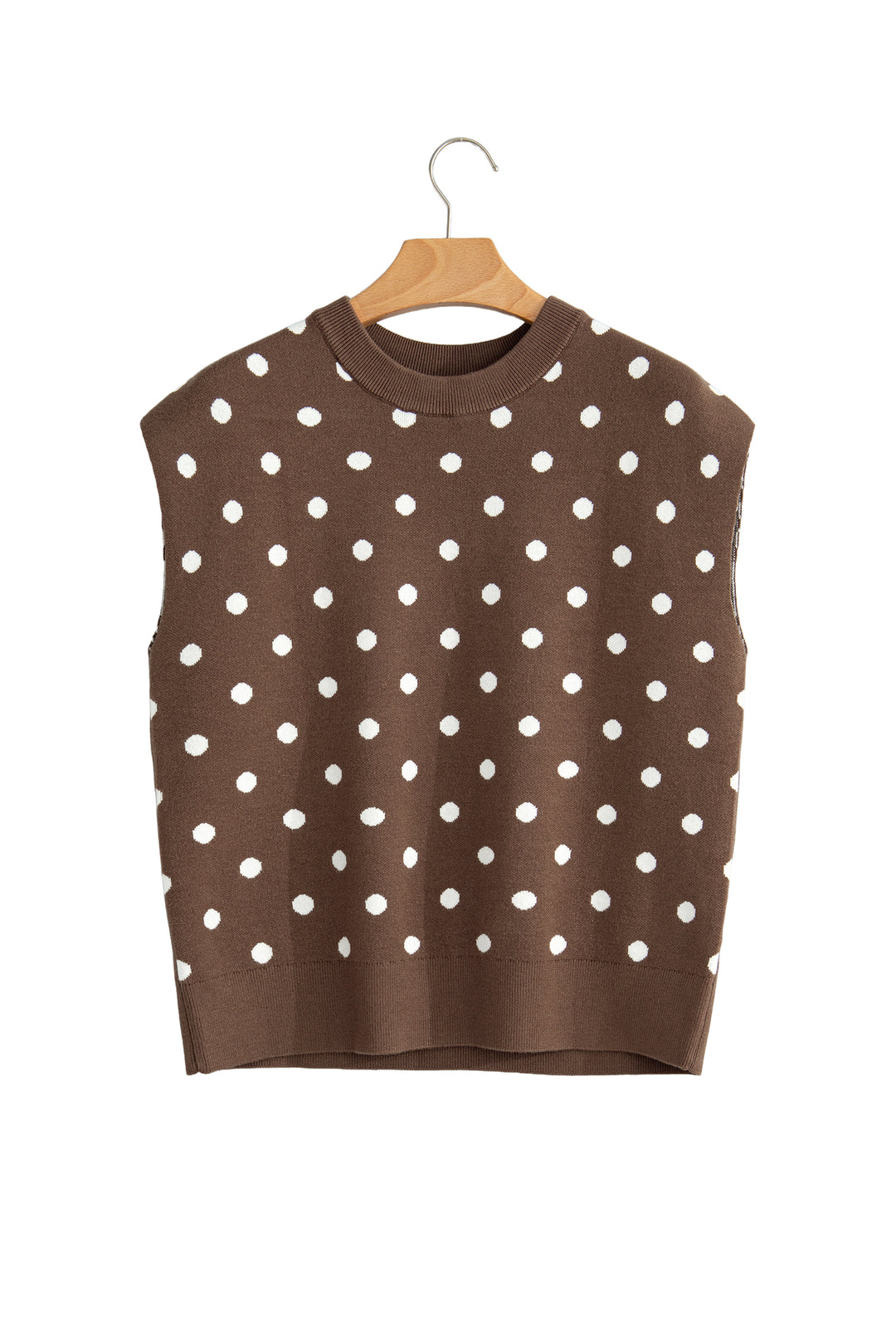 Brown Dolman Short Sleeve Round Neck Polka Dot Sweater