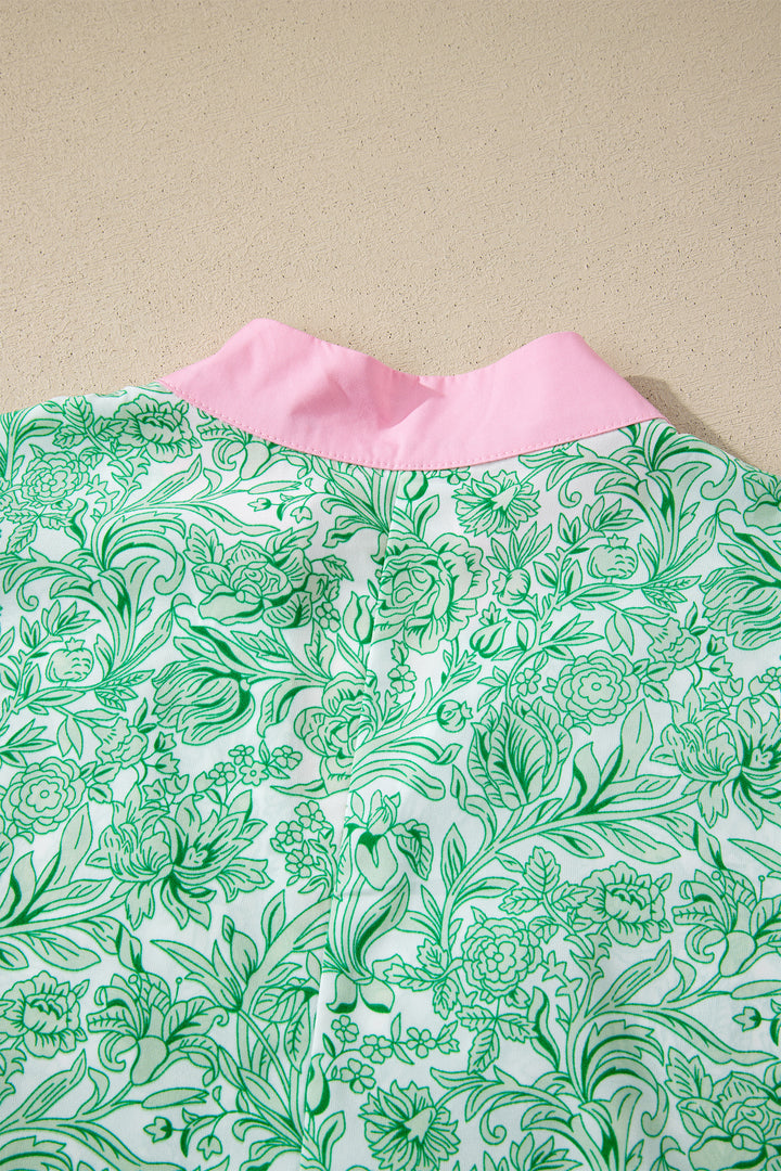 Green Floral Print Color Block Patchwork V Neck Short Sleeve Midi Dress