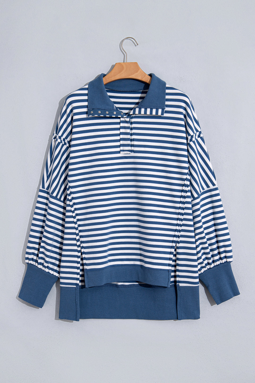 Blue Stripe Color Block Trim Raw Seam Split Hem Loose Pullover Sweatshirt