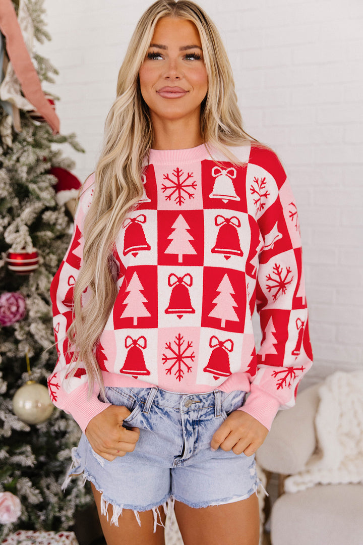 Pink Christmas Plaid Pullover Round Neck Long Sleeve Casual Fit Tunic Knitwear Sweater