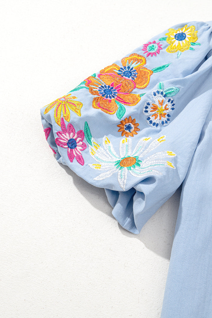 floral embroidered puff sleeve split neck blouse