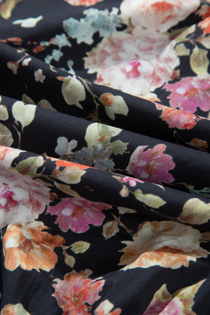 Black Floral Print Contrast Trim Tie V Neck Bracelet Sleeve Blouse