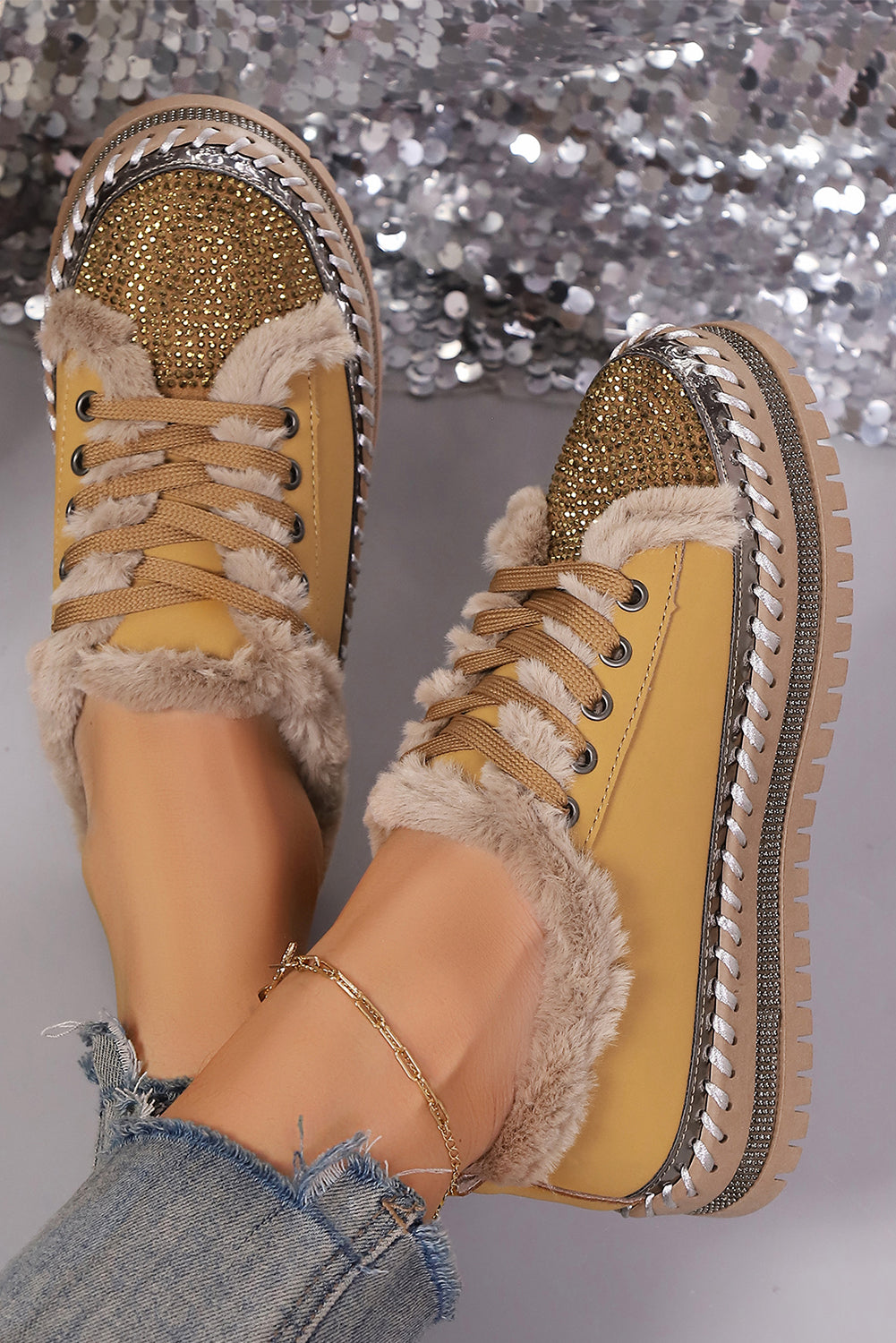 Rhinestone Embellished Faux Fur Lining Lace-Up Flat Shoes
