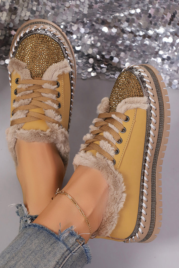 Rhinestone Embellished Faux Fur Lining Lace-Up Flat Shoes
